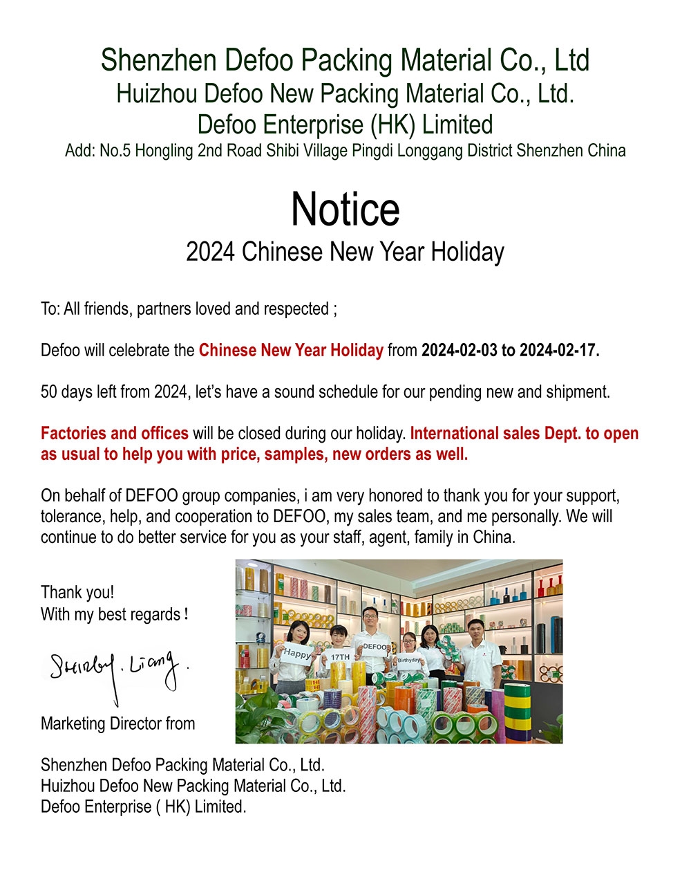 2024 Defoo Chinese New Year Holiday
